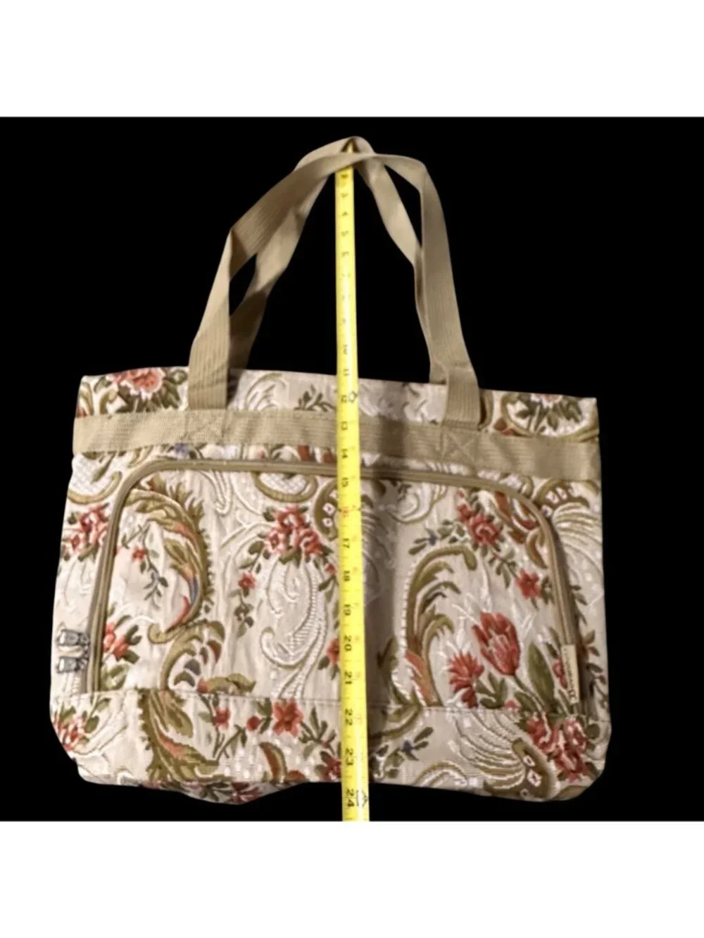 Vintage Floral Tapestry Tote Bag Orange Beige Rose Flowers Travel Bovano USA